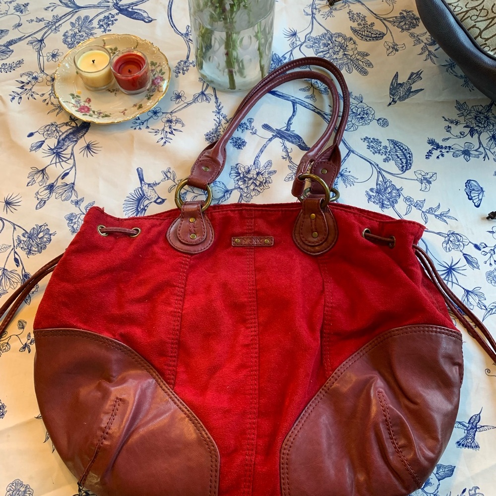 Red Canvas & Brown Leather Tote Bag by